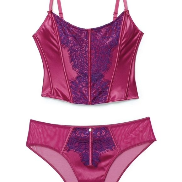 Adore Me Geneviève Unlined Plus Size Fuchsia and Purple Lace Corset Set - Picture 1 of 3